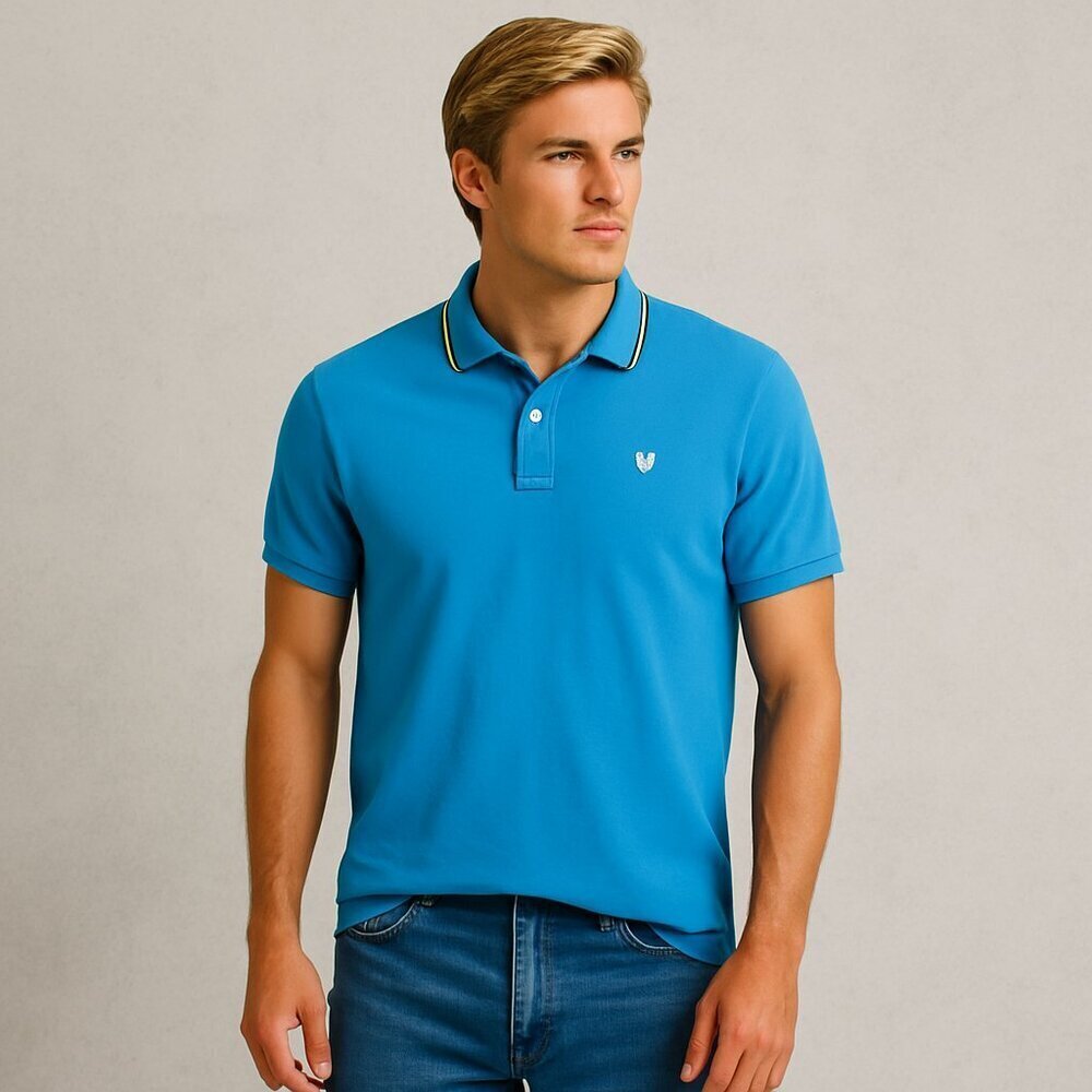 Prince & Fox Men’s Medium Polo Shirt Blue Yellow Tipped Collar Cotton Y2K Preppy